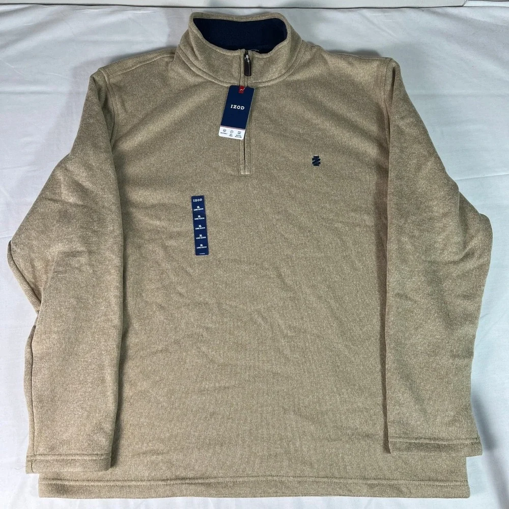 Izod Sweater Fleece Mens XL Camel Heather NEW 1/4 Zip Pullover Breathable Soft